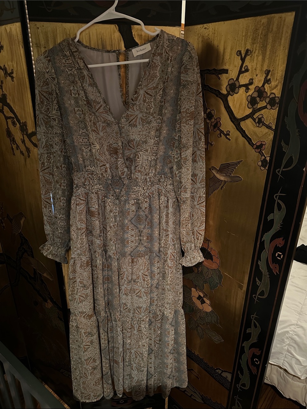 bohme Sage and Cream Long-Sleeve Floral Maxi Dress